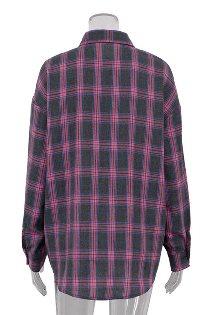 Street Plaid Pocket Buttons Contrast Turndown Collar Blouses(3 Colors)