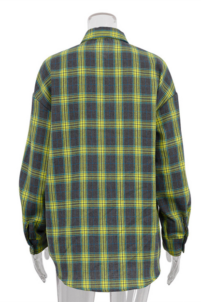Street Plaid Pocket Buttons Contrast Turndown Collar Blouses(3 Colors)