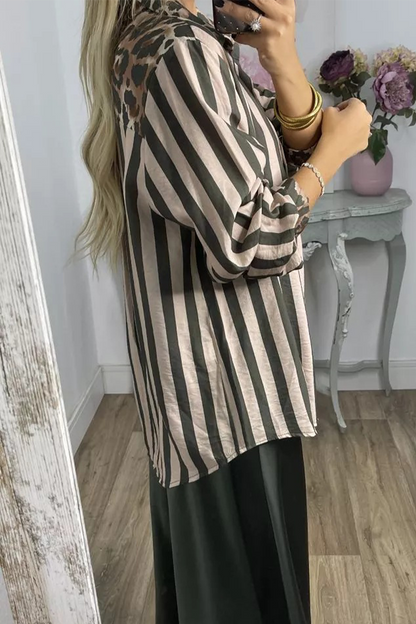 Stripe Leopard Patchwork Contrast Shirt Collar Blouses