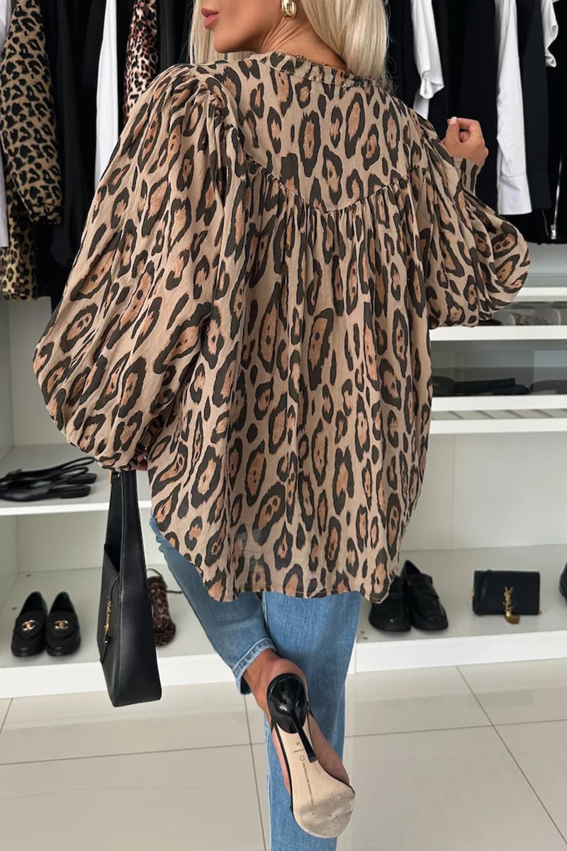 Leopard Buttons Ruched O Neck Blouses