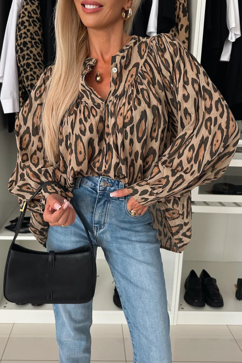 Leopard Buttons Ruched O Neck Blouses