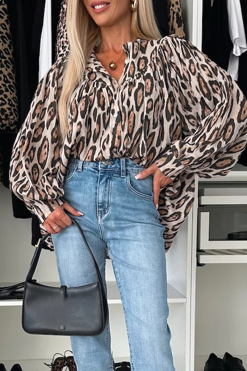 Leopard Buttons Ruched O Neck Blouses