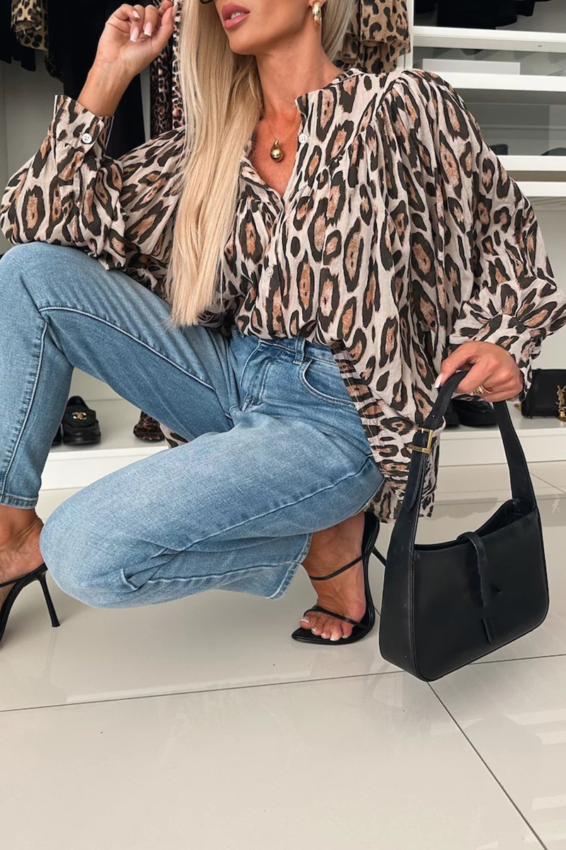 Leopard Buttons Ruched O Neck Blouses