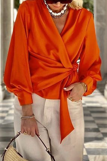 Color Lace Up V Neck Blouses