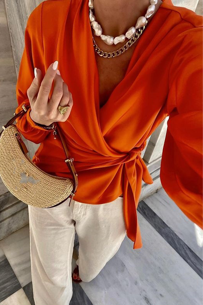 Color Lace Up V Neck Blouses