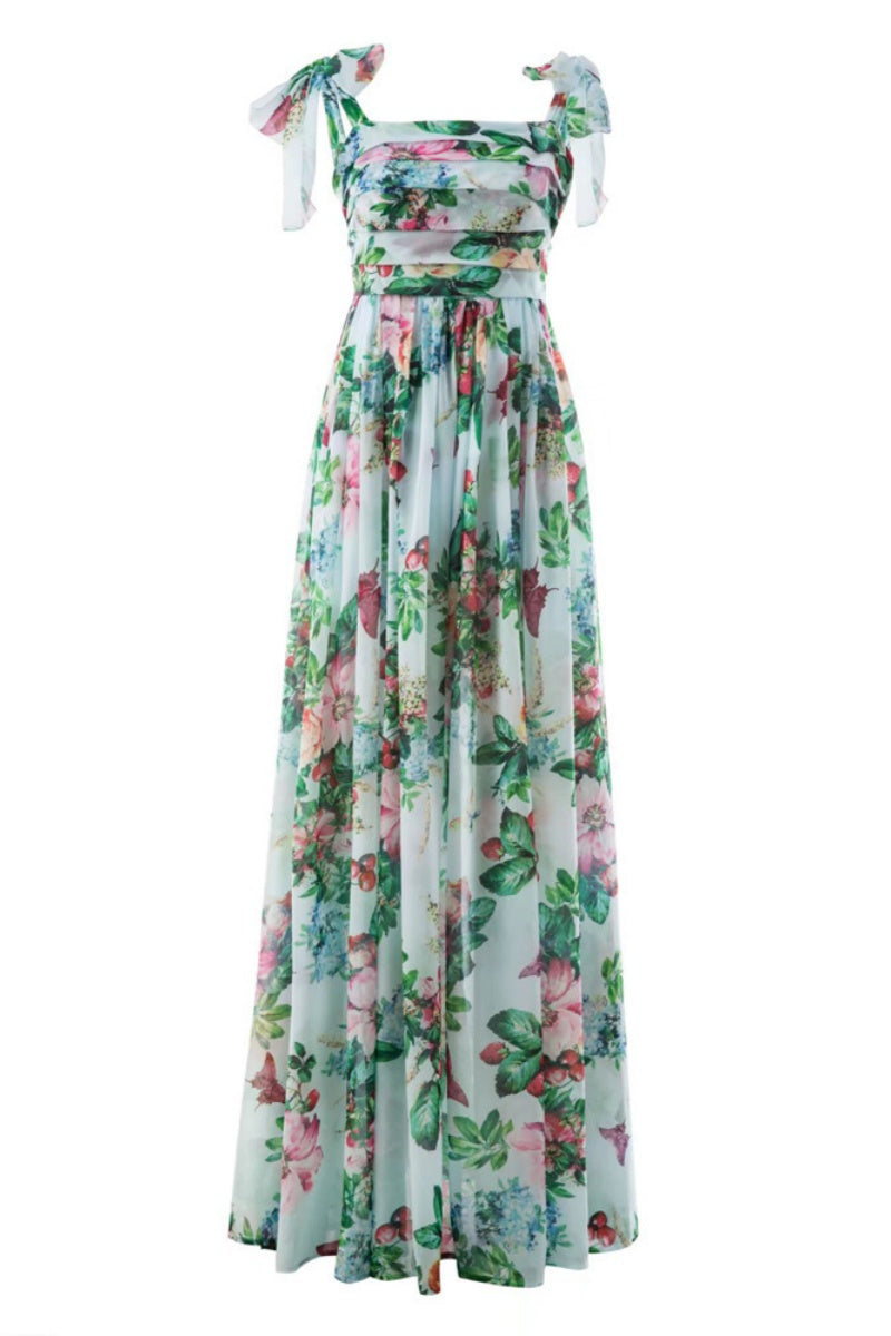 Print Backless Belted Square Neck Long Dresses