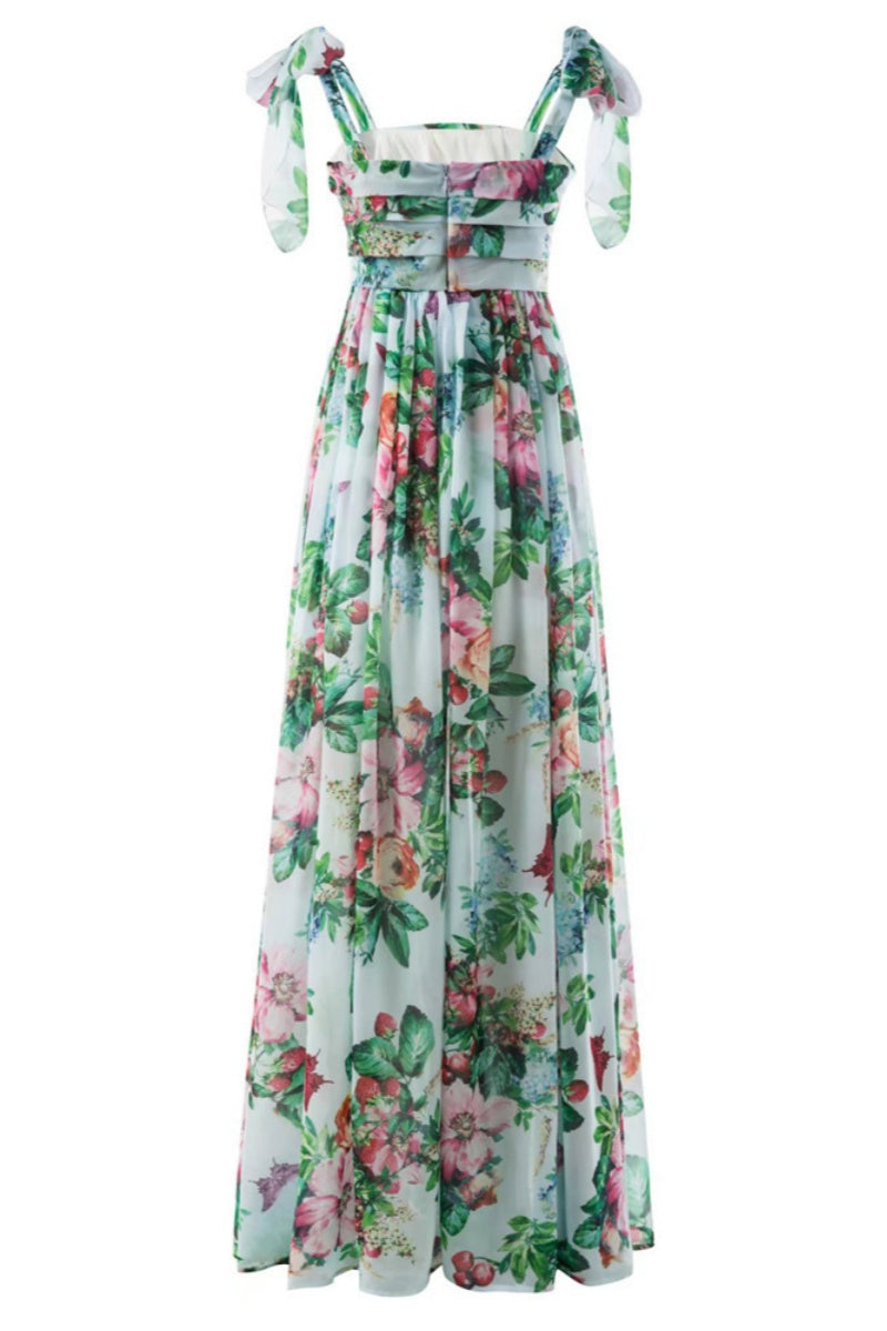 Print Backless Belted Square Neck Long Dresses
