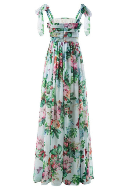 Print Backless Belted Square Neck Long Dresses