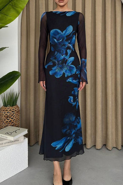 Print Patchwork O Neck Long Dresses