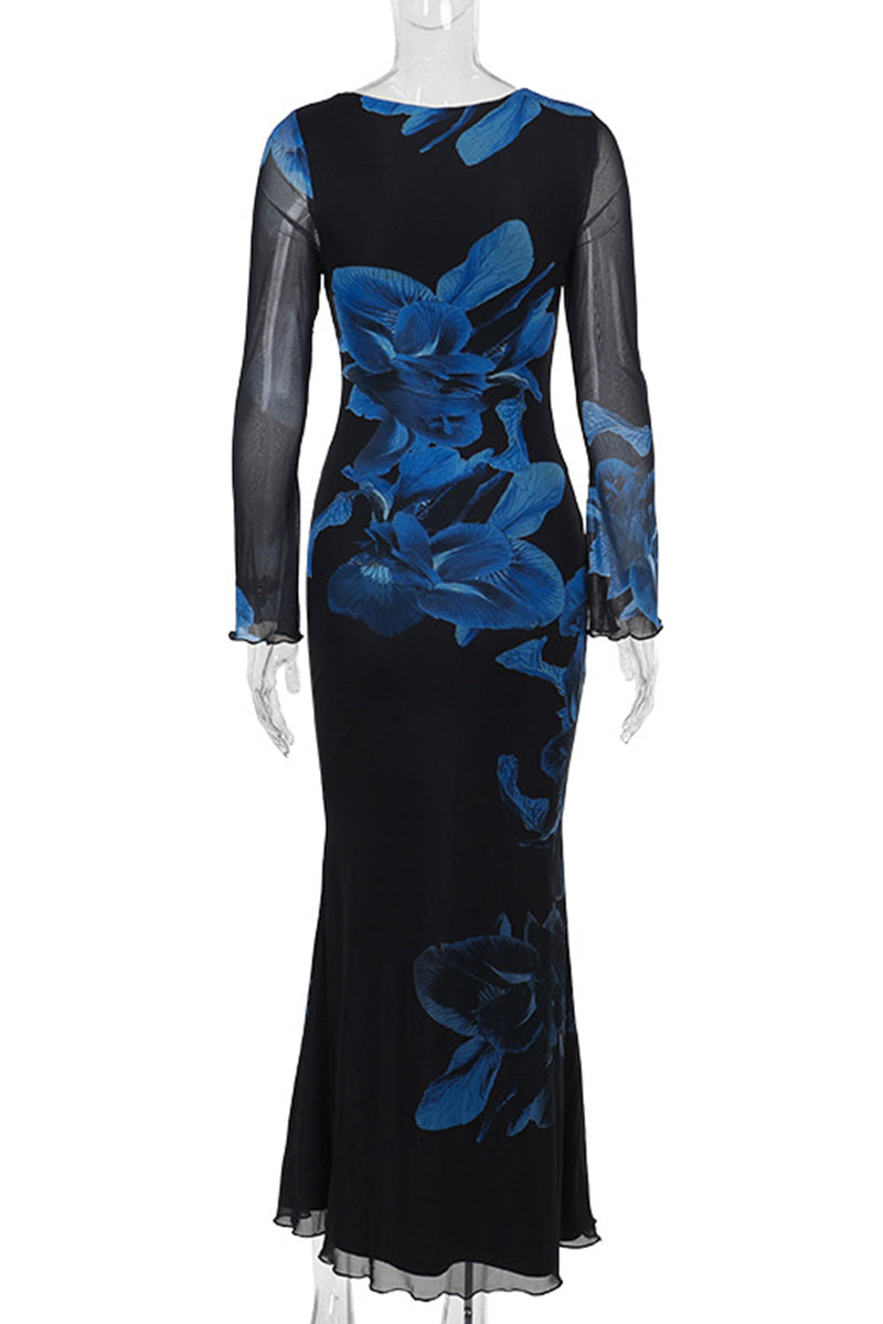 Print Patchwork O Neck Long Dresses