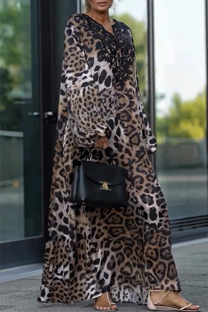 Street Leopard Patchwork V Neck Long Dresses