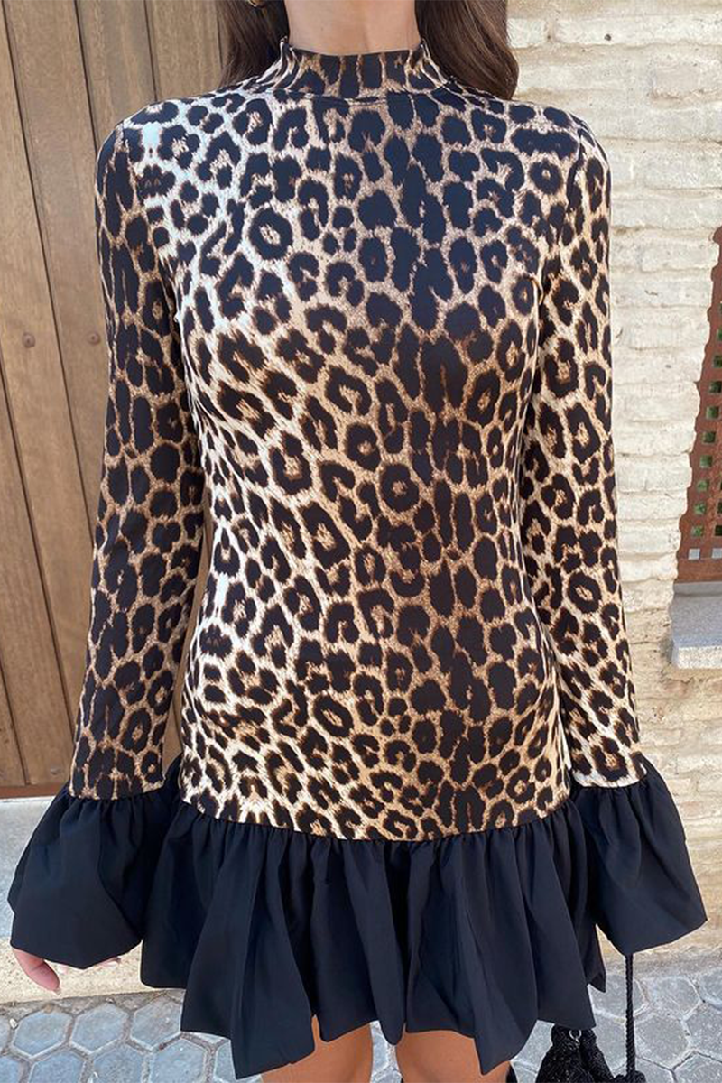 Street Leopard Patchwork Ruffle Half a Turtleneck Mini Dresses