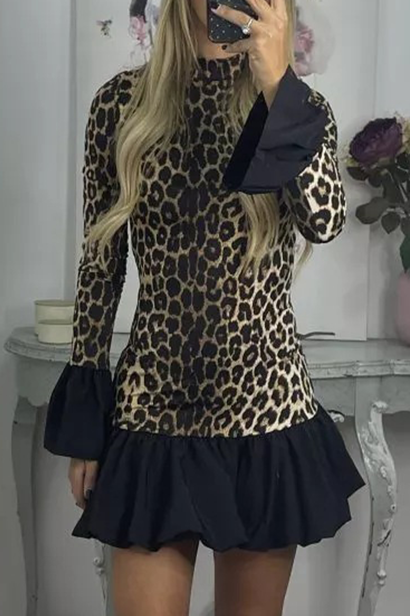 Street Leopard Patchwork Ruffle Half a Turtleneck Mini Dresses
