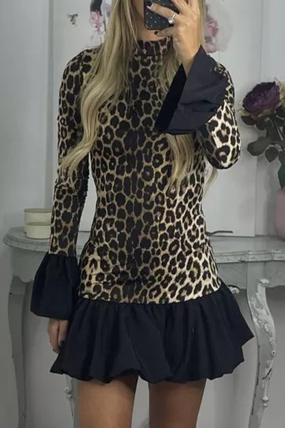 Street Leopard Patchwork Ruffle Half a Turtleneck Mini Dresses