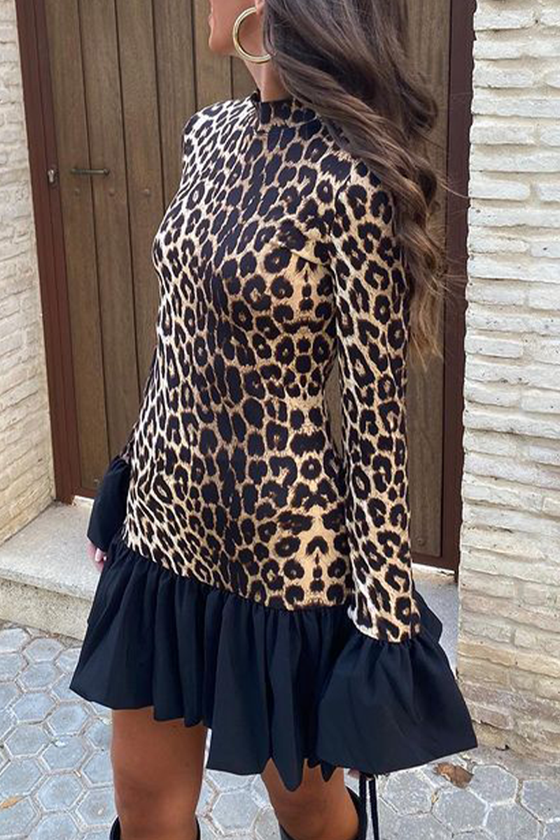 Street Leopard Patchwork Ruffle Half a Turtleneck Mini Dresses
