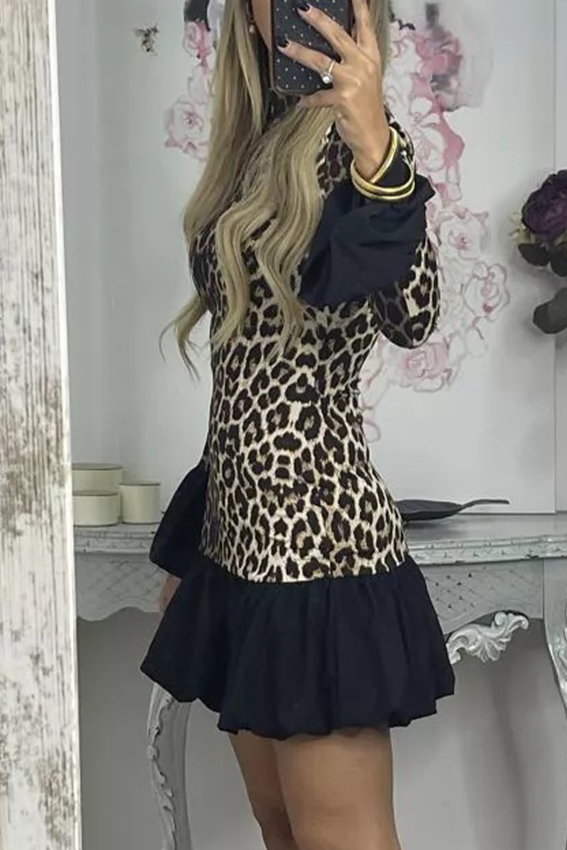 Street Leopard Patchwork Ruffle Half a Turtleneck Mini Dresses