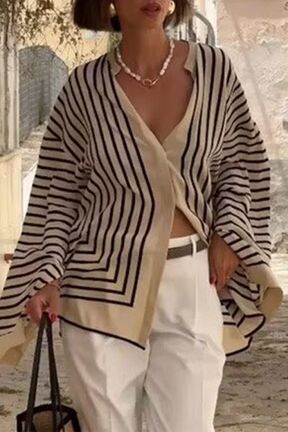 Stripe Buttons Slit Contrast O Neck Blouses