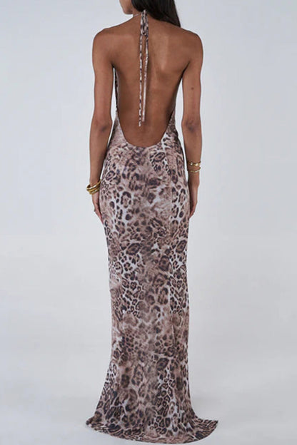 Leopard Print Patchwork Backless Strap Design Halter Long Dresses