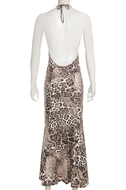Leopard Print Patchwork Backless Strap Design Halter Long Dresses