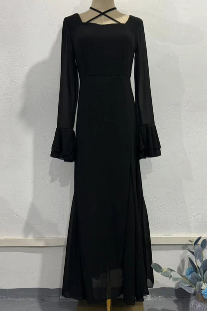 Party Ruffle Cross Straps Ruched Mesh Square Neck Long Dresses