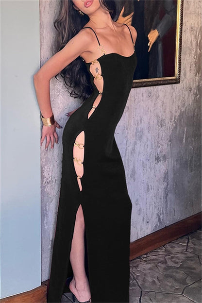 Hollow Out Slit Spaghetti Strap Long Dresses