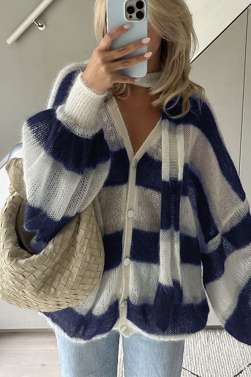 Stripe Buttons Weave Contrast V Neck Cardigans(4 Colors)