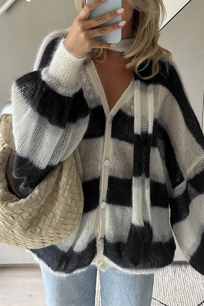 Stripe Buttons Weave Contrast V Neck Cardigans(4 Colors)