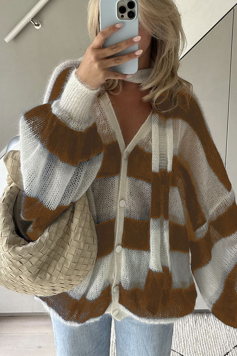 Stripe Buttons Weave Contrast V Neck Cardigans(4 Colors)