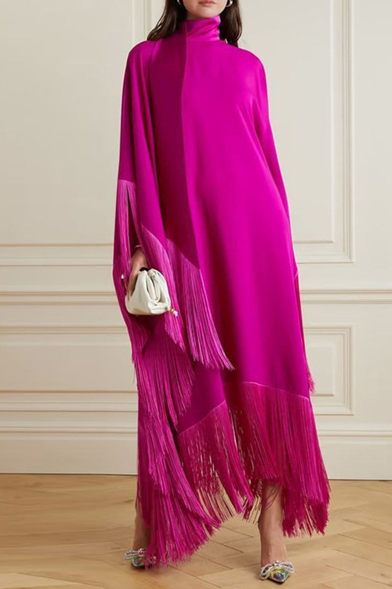 Fringed Trim Irregular Turtleneck Long Dresses