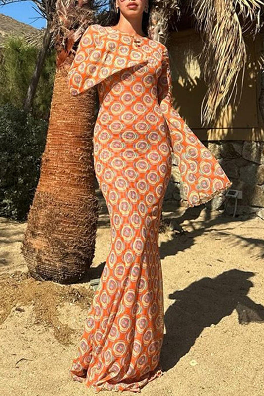 Print Patchwork Backless O Neck Long Dresses