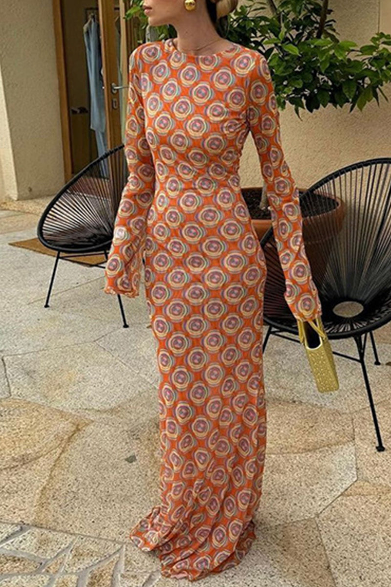 Print Patchwork Backless O Neck Long Dresses
