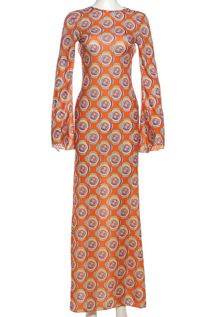 Print Patchwork Backless O Neck Long Dresses
