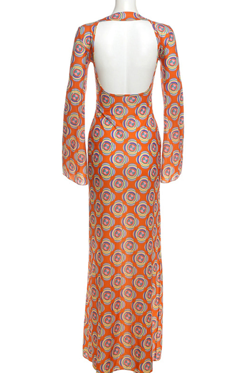 Print Patchwork Backless O Neck Long Dresses