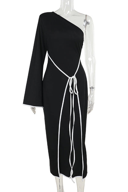 Patchwork Backless Strap Design Contrast Oblique Collar Long Dresses