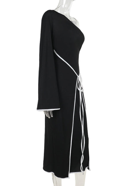 Patchwork Backless Strap Design Contrast Oblique Collar Long Dresses