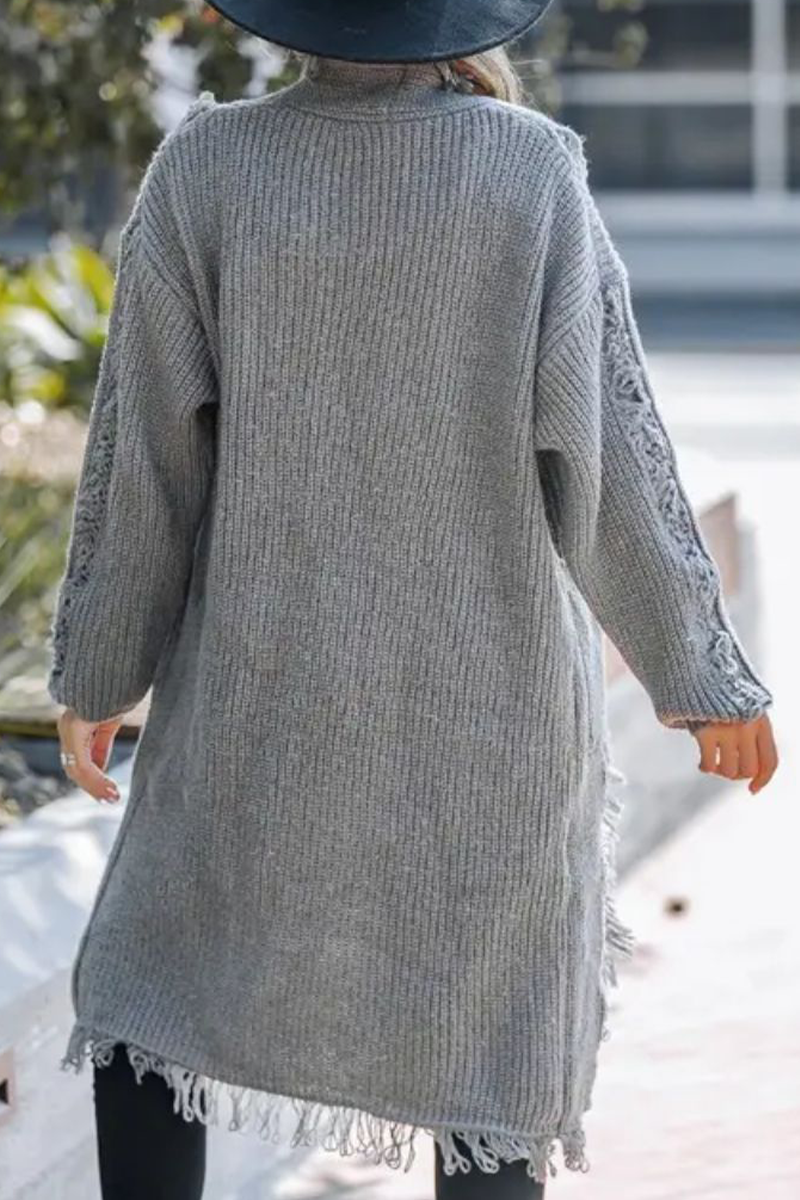 Fringed Trim Weave Cardigan Collar Outerwear