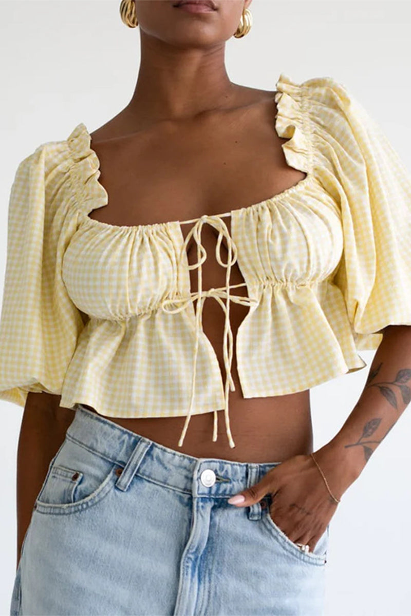 Daily Plaid Lace Up Patchwork Blouses