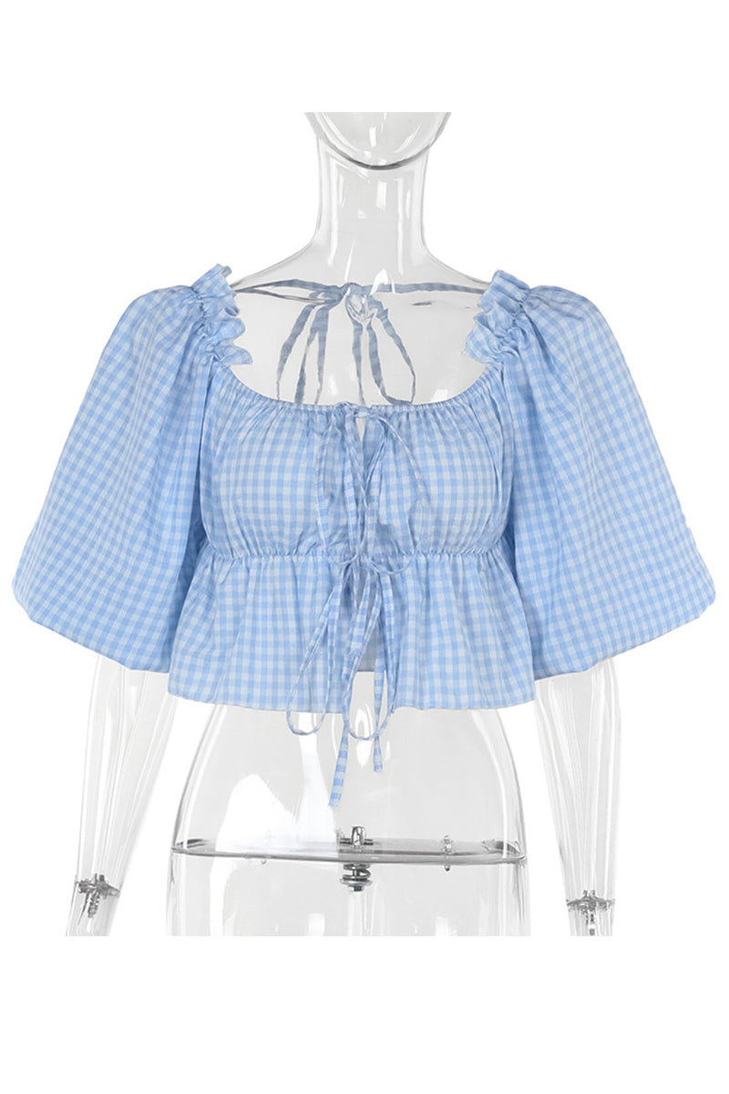 Daily Plaid Lace Up Patchwork Blouses