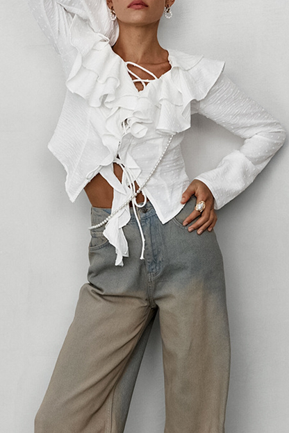 Daily Lace Up Ruffle Fur Ball Lotus Leaf Collar Blouses