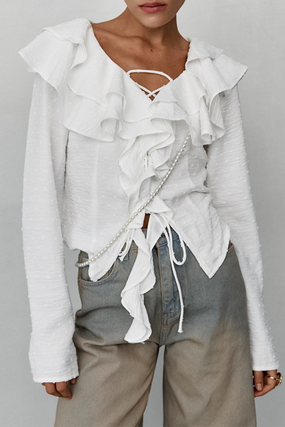 Daily Lace Up Ruffle Fur Ball Lotus Leaf Collar Blouses