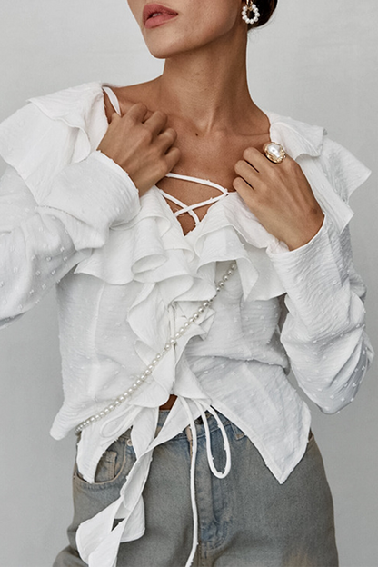 Daily Lace Up Ruffle Fur Ball Lotus Leaf Collar Blouses