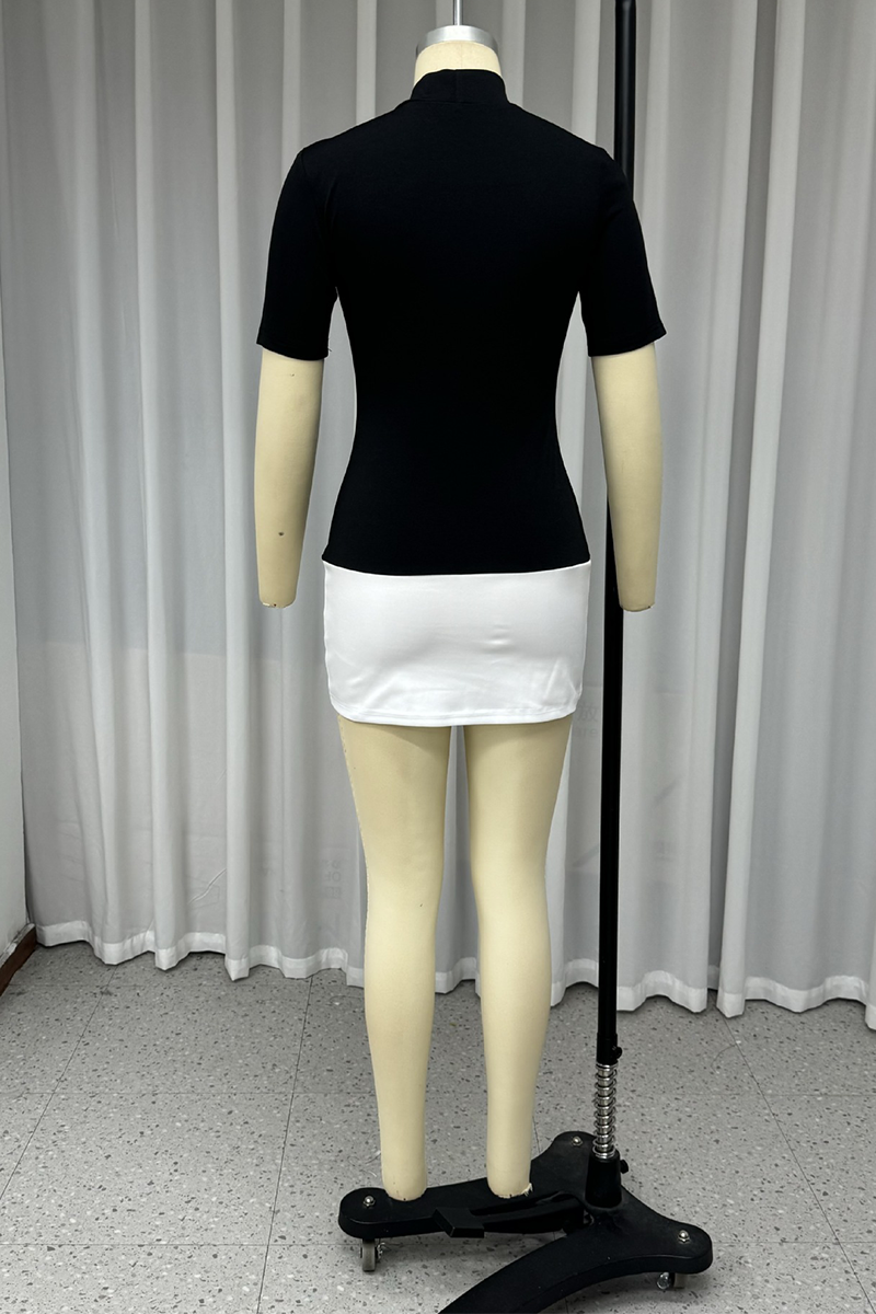 Patchwork Contrast O Neck Mini Dresses