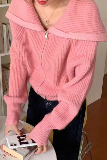 Zipper Turndown Collar Cardigans(7 Colors)