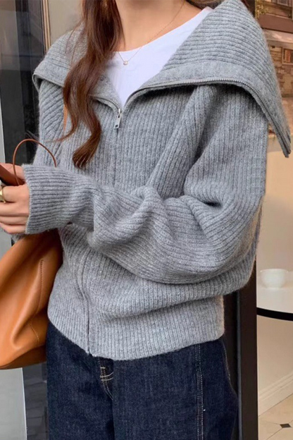 Zipper Turndown Collar Cardigans(7 Colors)