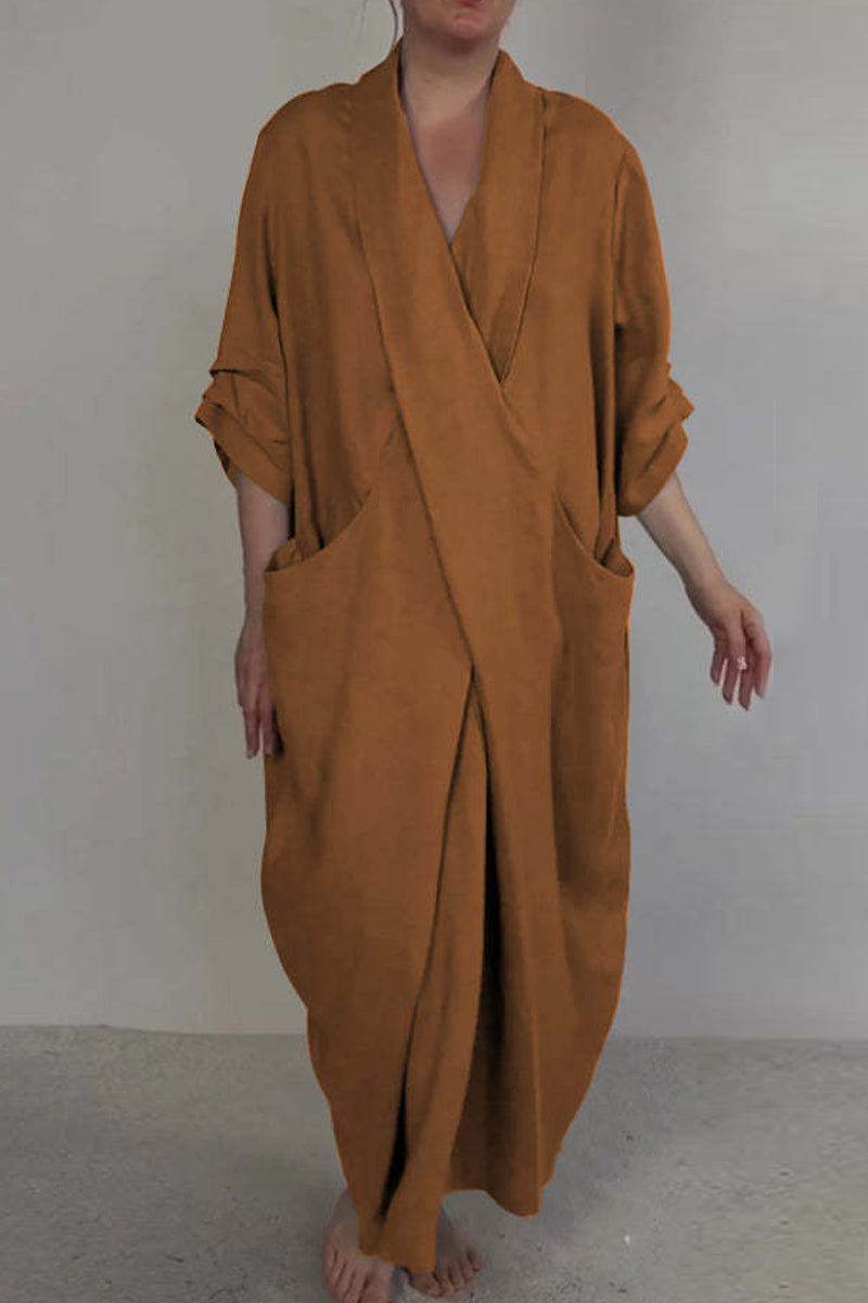 Color Pocket Slit V Neck Long Dresses(7 Colors)