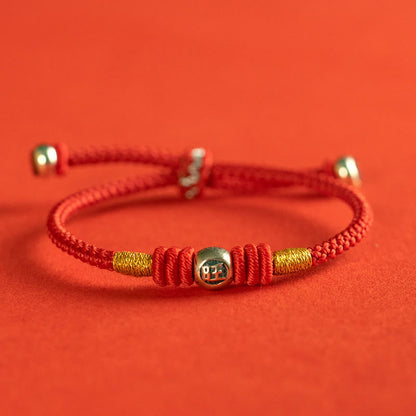 Sterling Silver Red String Protection Bracelet With Chinese Characters