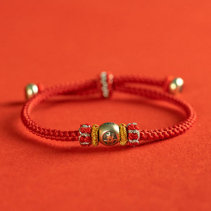 Sterling Silver Red String Protection Bracelet With Chinese Characters