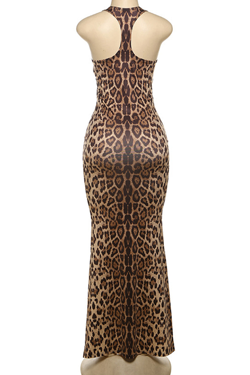Leopard Print Patchwork Backless Halter Long Dresses