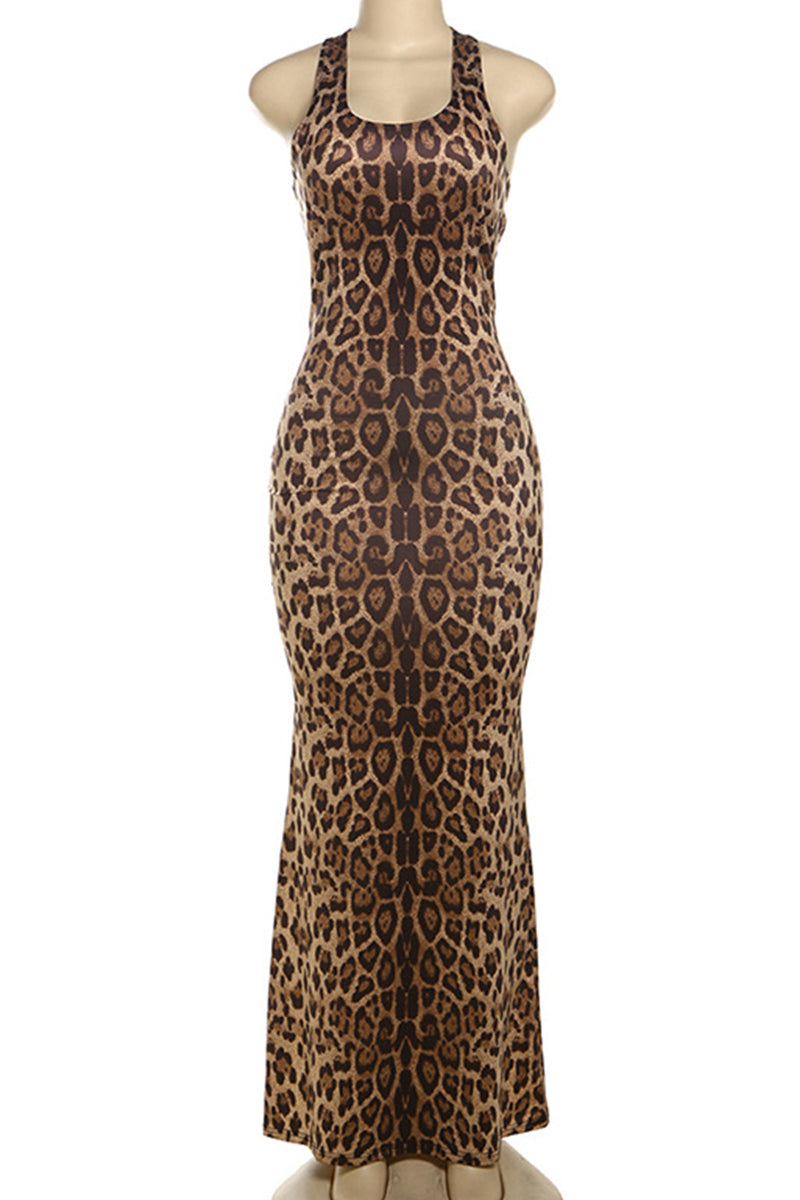 Leopard Print Patchwork Backless Halter Long Dresses
