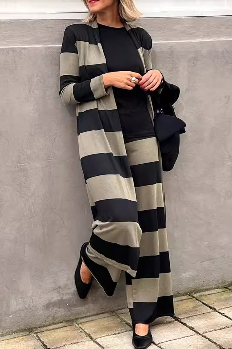 Street Stripe Patchwork Contrast Cardigan Collar Long Sleeve Two Pieces